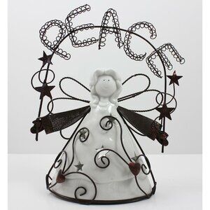 White Ceramic & Wire "Peace" Angel Tea Light Candle Holder 9.25" EUC